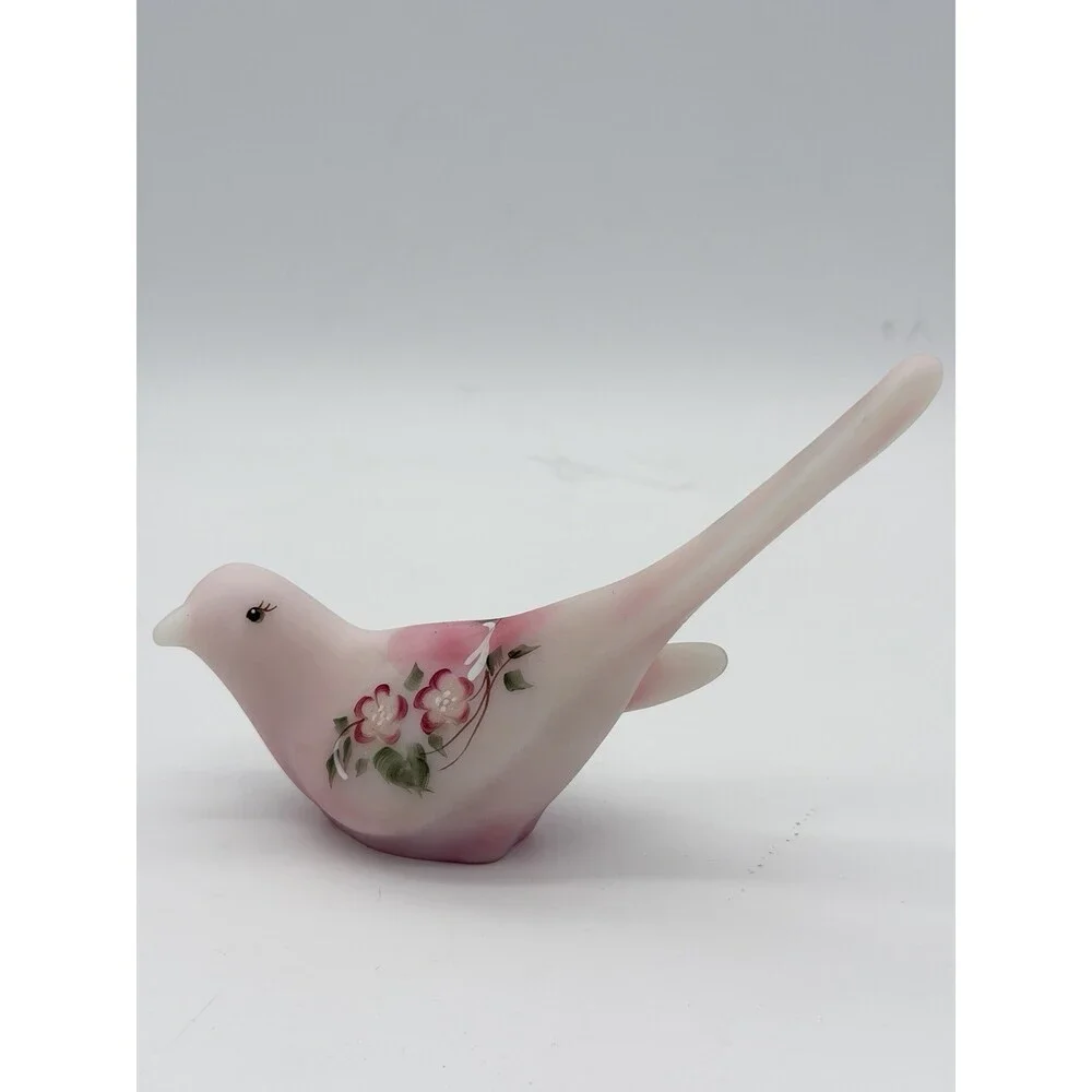 Fenton Rosaline Pink Satin Art Glass Bird Hand Painted Signed Shelley Fenton